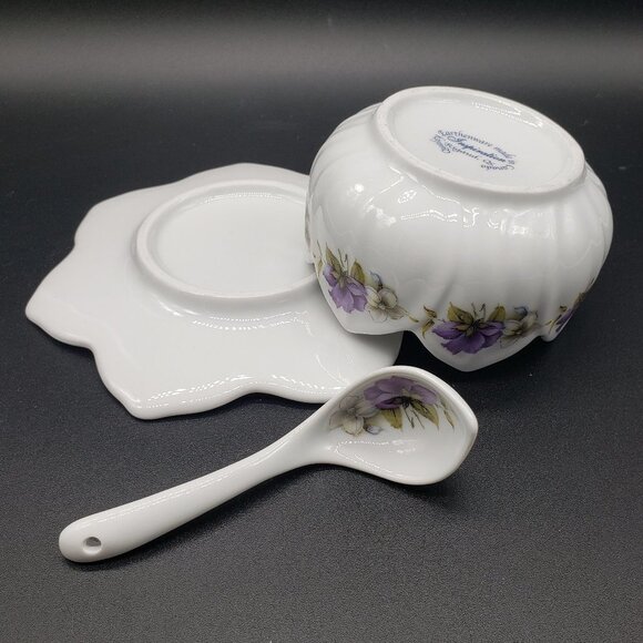 Inspiration Earthenware Purple White Pansies 3pc Condiment Set - Picture 3 of 11
